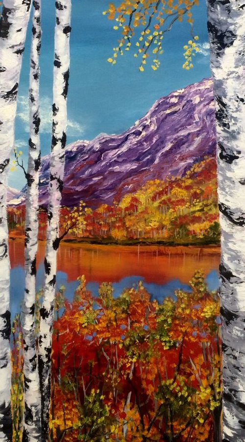 Autumn birches palette knife texture landscape by Inna Montano