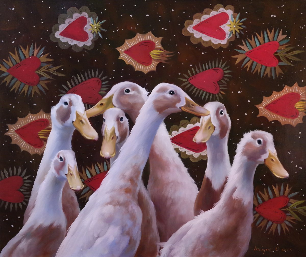 Illustrative Animal Oil Painting By Lena Vylusk, 24 X 20", "Among The Starry Hearts", Original Artwork