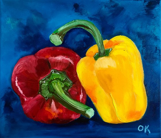 ReD and yellow Peppers on navy  blue background  #7