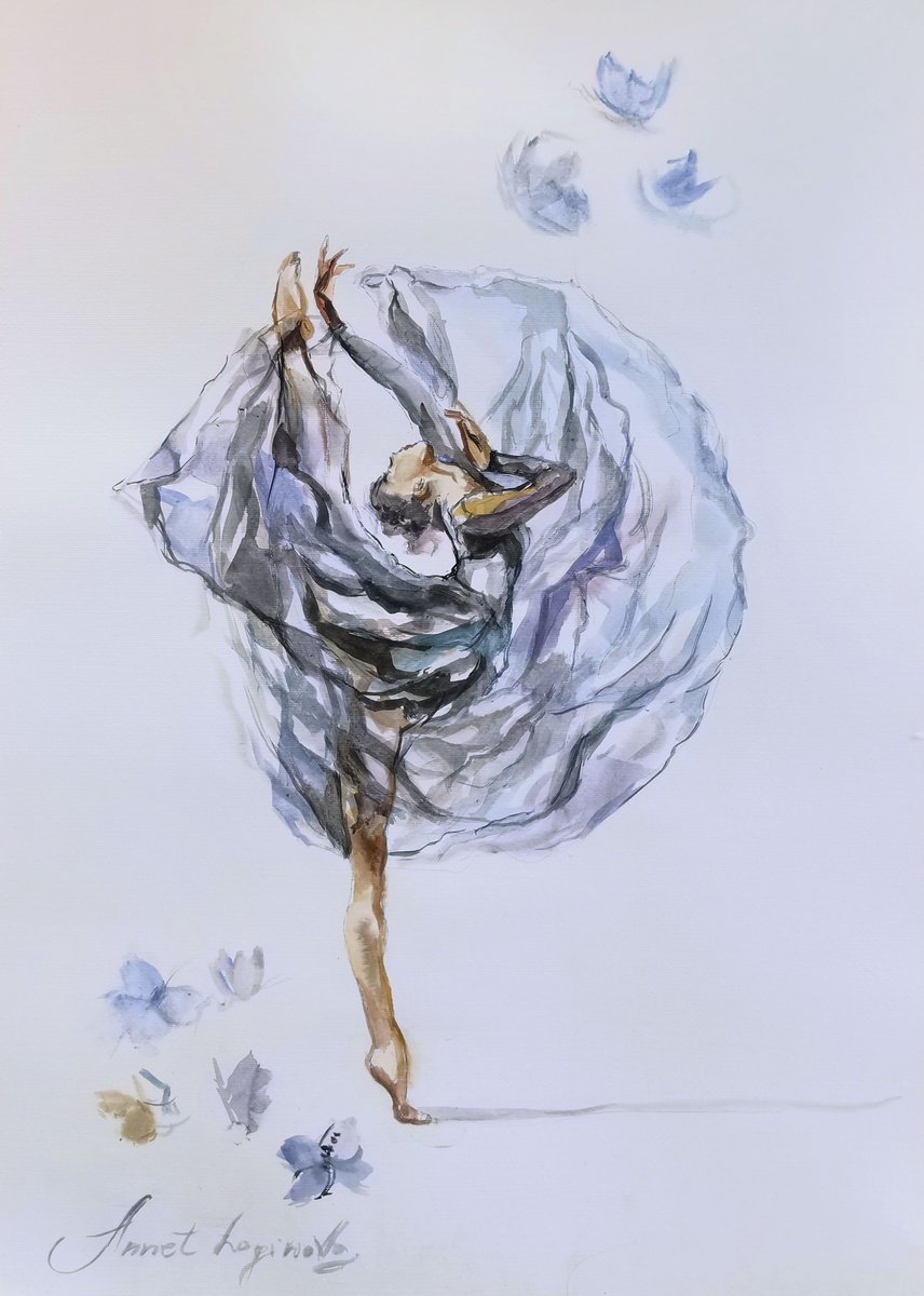 Impressionistic Portrait Watercolour By Annet Loginova, 20 X 28, Ballerina With Butterflies, Original Artwork