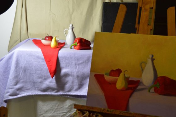 still life with red pepper,pear and apple