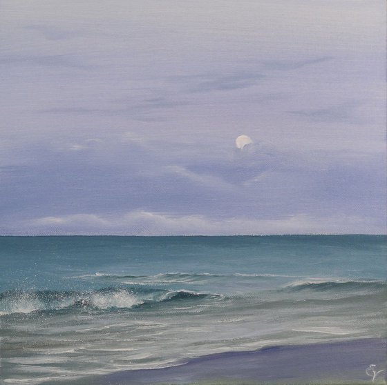 Diamond of the Night, full moon over the ocean painting