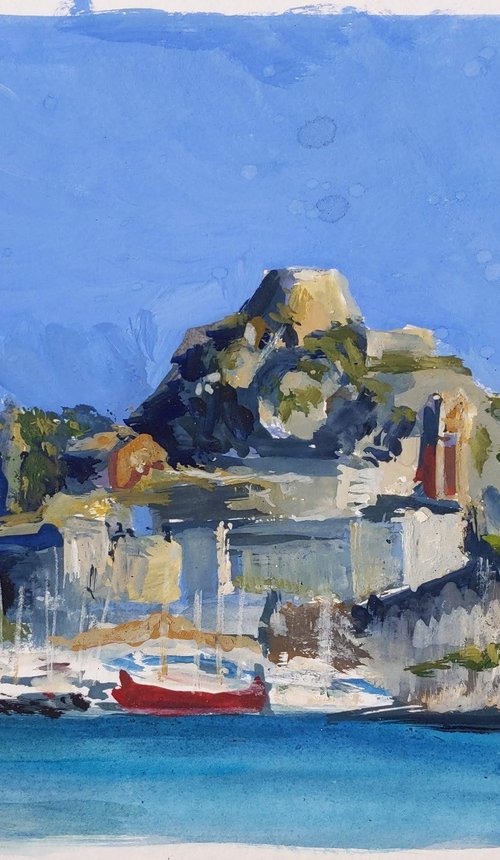 Old Venetian Fortress of Corfu island - Corfu island - original watercolor painting - seascape painting - waves by Anna Brazhnikova