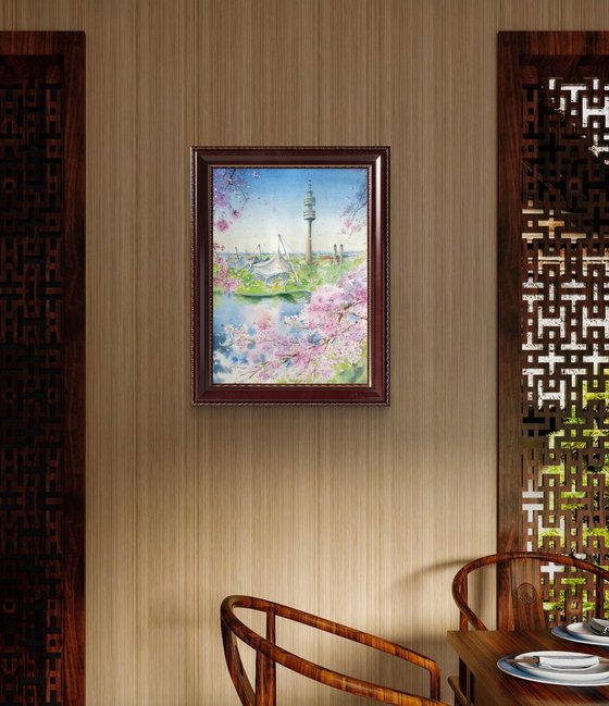 Spring cherry blooming in Munich Olympiapark