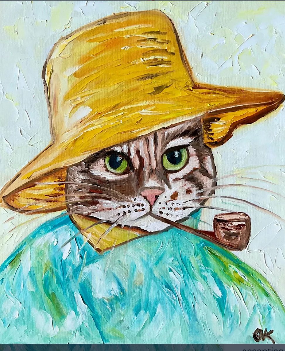 Impressionistic Animal Oil Painting By Olga Koval, 16 X 18", Cat Vincent Van Gogh, Original Artwork