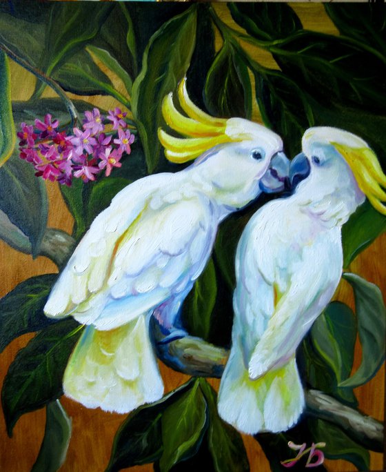 Unexpected Kiss 20x24" Yellow Crested Cockatoo Birds Tropical Plants