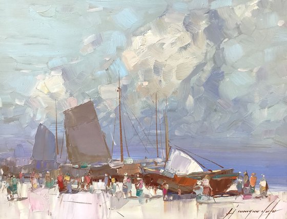 Harbor, Original oil painting  Handmade artwork One of a kind