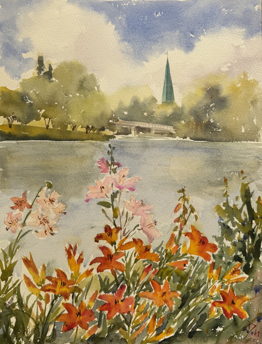 Impressionistic Botanical Watercolour By Shelly Du, 12 X 16", Park An Der Meenkwiese, Original Artwork