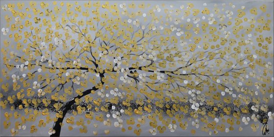 Golden Cherries III - large acrylic abstract painting cherry blossoms nature painting canvas wall art