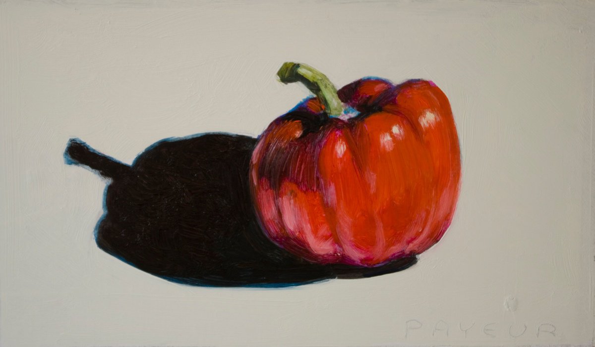 Impressionistic Still Life Oil Painting By Olivier Payeur, 11 X 6", Red Pepper On White, Original Artwork