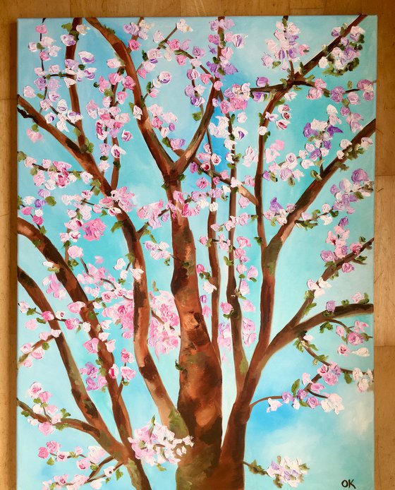 Apple blossom , spring in London white, pink, turquoise 81 x 61 cm  ready to hang oil painting