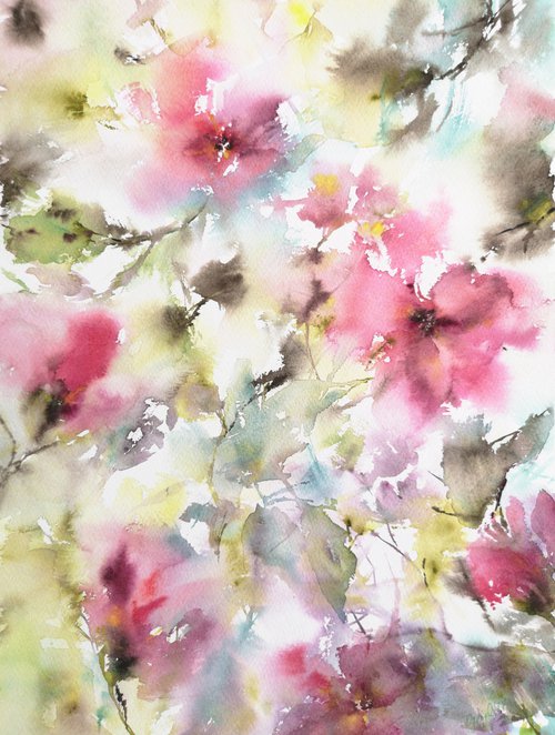 Pink flowers, watercolor painting by Olga Grigo