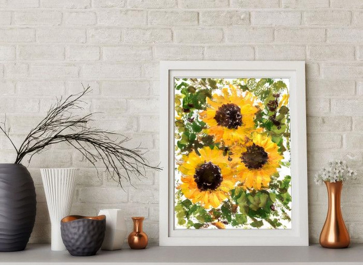 Sunflowers -2 Semi-Abstract flowers, Yellow Contemporary sunflower art -2  10.75x 8.25 by Asha Shenoy