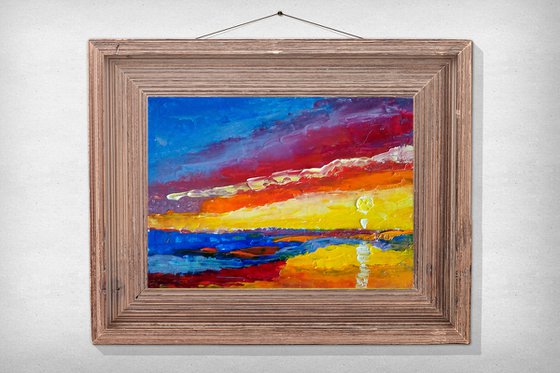 Sunset Oil Painting Seascape Original Art Abstract Artwork Landscape Small Wall Art