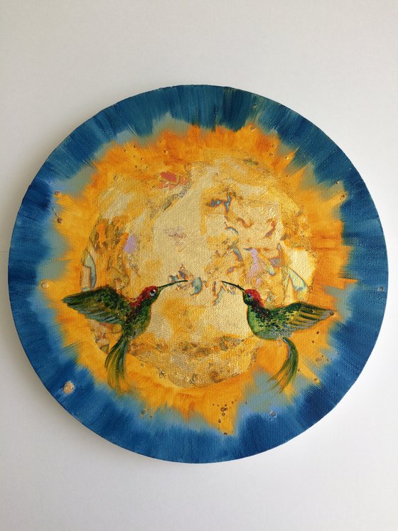 To the Sun - Mixed media round painting with two birds