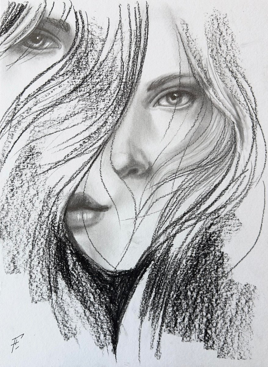 Surrealistic Portrait Charcoal Drawing By Nikola Gulev, 12 X 17", "Hidden Reflections", Original Artwork