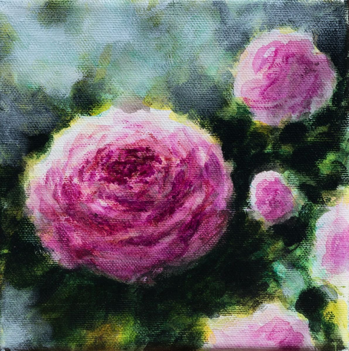 Impressionistic Botanical Acrylic Painting By Fabienne Monestier, 6 X 6, Roses, Original Artwork