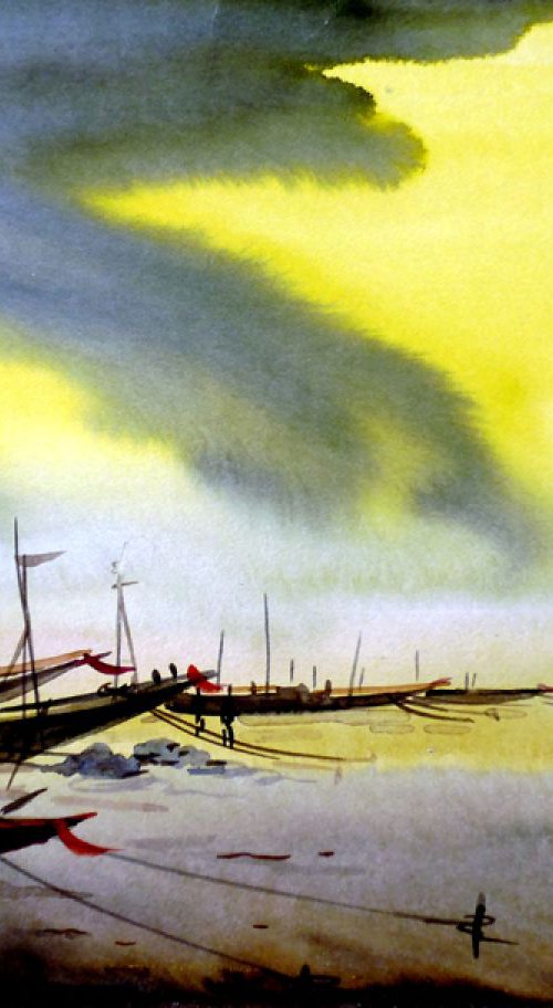 Fishing Boats at Seashore at Monsoon Day-Watercolor on paper by Samiran Sarkar