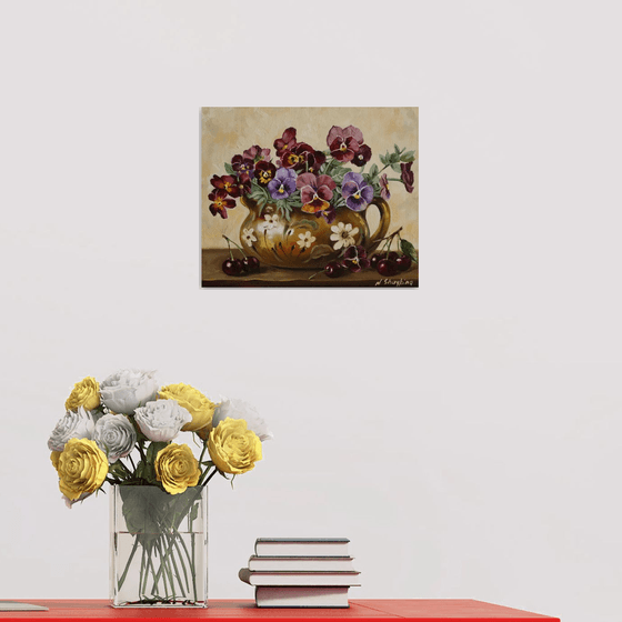 Pansies in Rustic Jug with Cherries