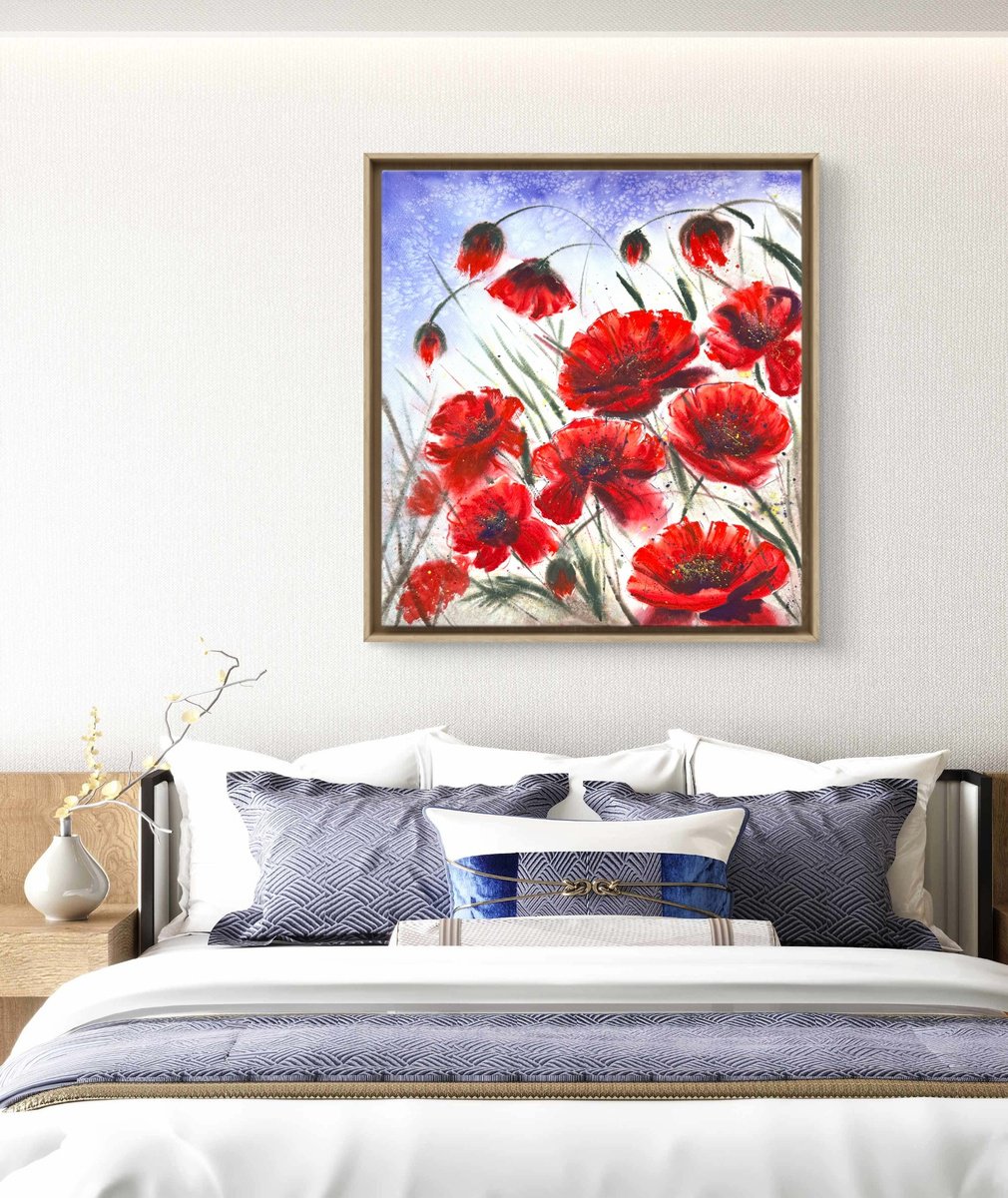 Expressive Watercolour , Big Size Red Wild Poppies By Yuliia Sharapova, 26 X 28, Artwork For Sale On Artfinder