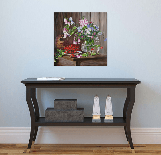 Strawberries and Bluebells, Rustic Still Life