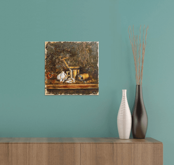 Garlic and a copper mortar