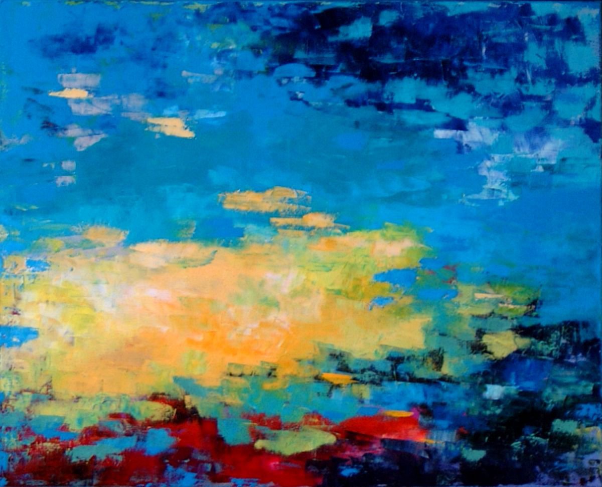 Abstract Landscape Oil Painting By Saroja Van Der Stegen, 41 X 33", Blue Landscape (Ref#:602-40F), Original Artwork