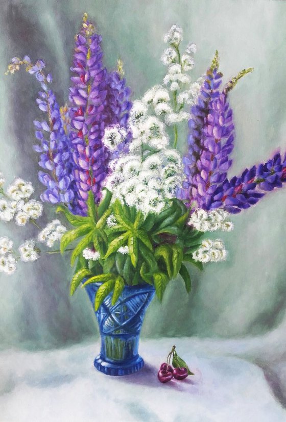 Painting | Oil | Lupines and cherries
