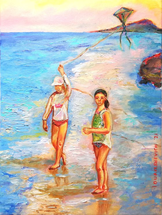 "Two Girls Playing with a Kite " Original Oil Artwork 7 by 10" (18x24cm)