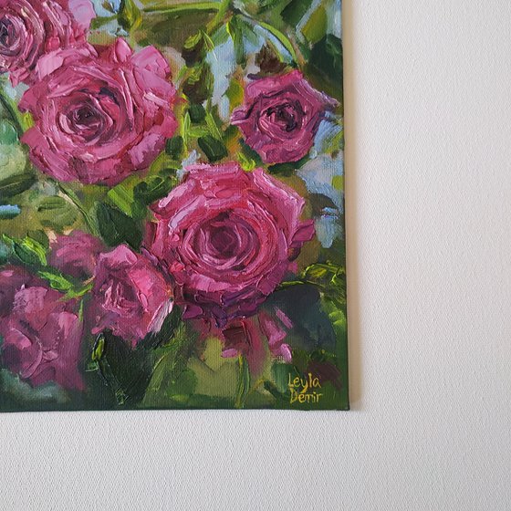 Pink tea roses original oil painting still life 9x7"