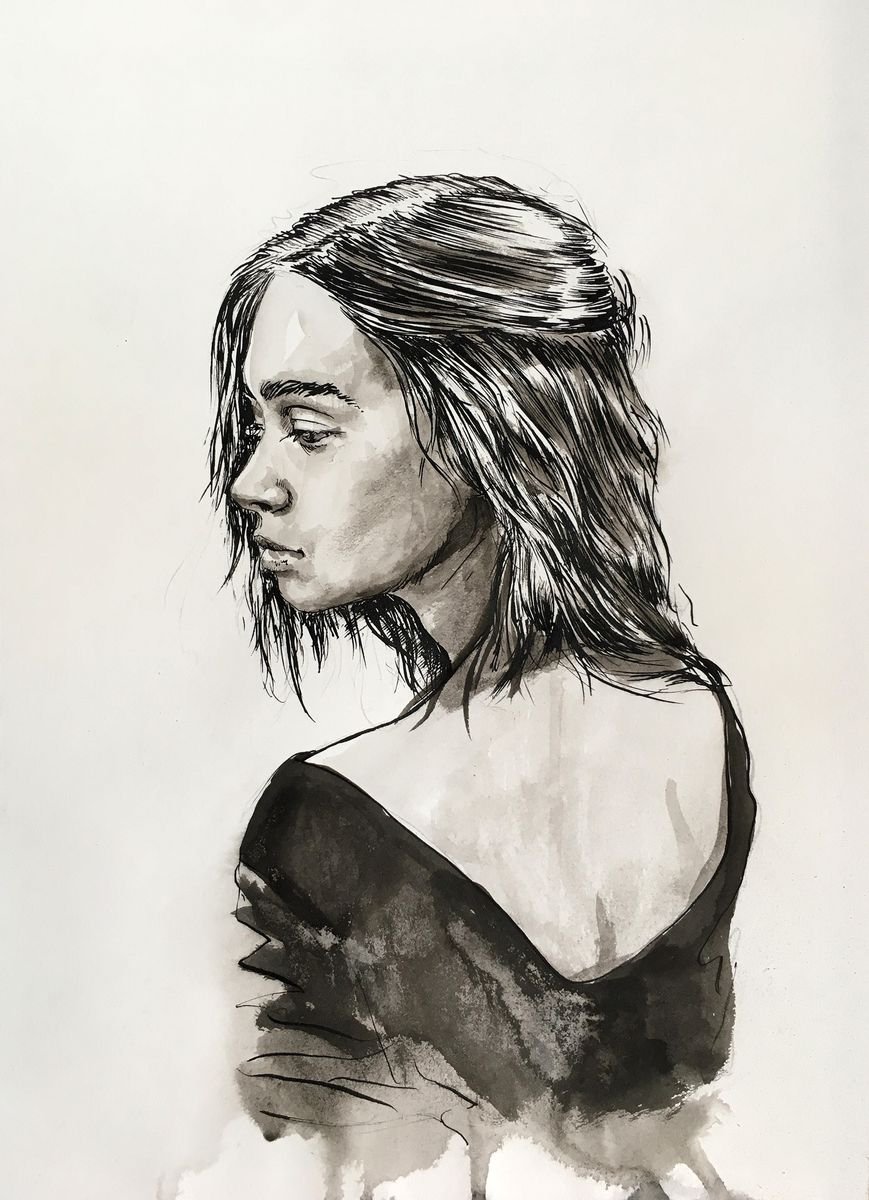 Impressionistic Portrait Ink Drawing By Dario Moschetta, 8 X 11, Portrait 261, Original Artwork