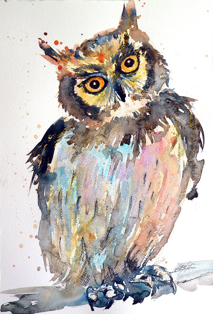 Impressionistic Animal Watercolour By Kovacs Anna Brigitta, 10 X 15", Owl Iii, Original Artwork