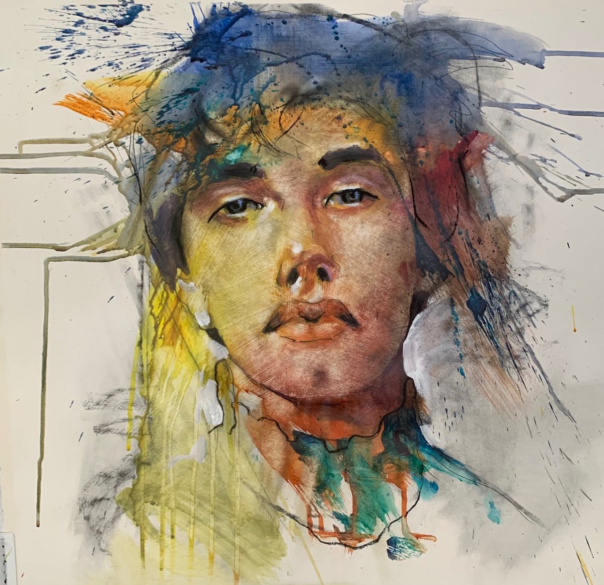 Expressive Portrait Painting By Anthony Barrow Ba(Hons) Fine Art, 21 X 21, The Look, Original Artwork