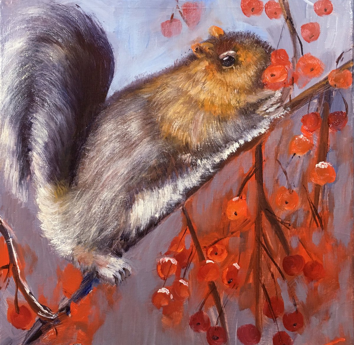Impressionistic Animal Oil Painting By Elena Sokolova, 12 X 12, Squirrel, Original Artwork