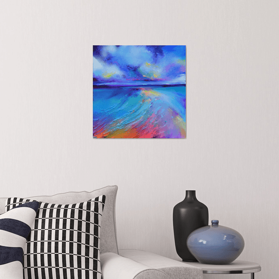 New Horizon 166 - 40x40 cm, Colourful Seascape, Sunset Painting, Impressionistic Colorful Painting, Large Modern Ready to Hang Abstract Landscape, Pink Sunset, Sunrise, Ocean Shore