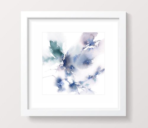 Blue abstract flower painting, small square art by Olga Grigo