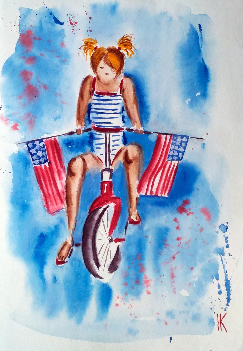 American Flag Art Girl Original Painting Bicycle Small Watercolor Artwork USA Flag Home Wa... by Halyna Kirichenko