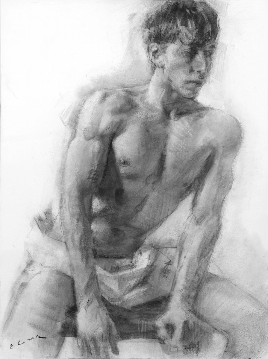 Expressive Portrait Charcoal Drawing By Eugene Segal, 22 X 30, Athlete, Original Artwork