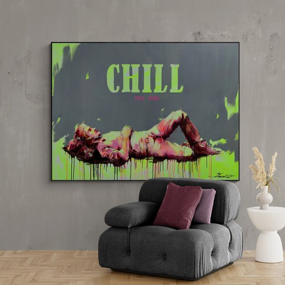 XXXL Bright Painting - "CHILL" - Expressive - Man - Portrait - Pop Art - Grey&Pink - Huge artwork