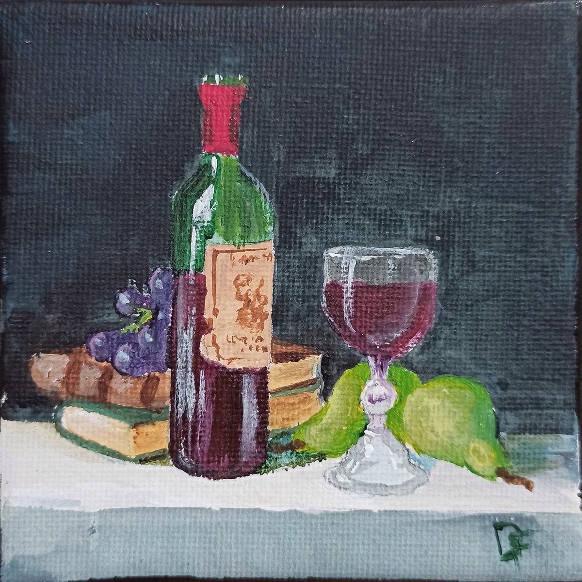 Still life with a bottle of wine and glass. Miniature painting by Dmitry Fedorov