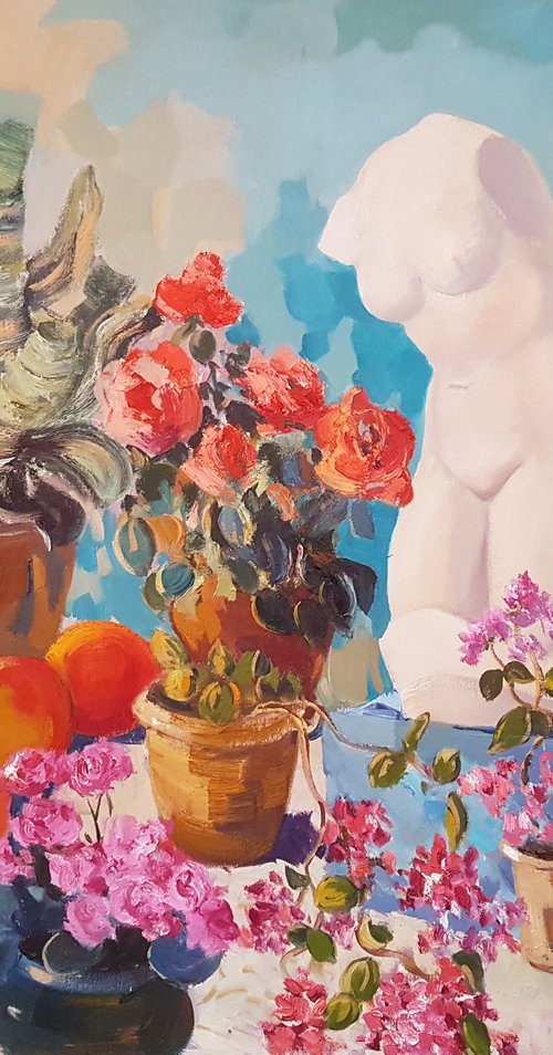 Flowers with a Statue - One of a kind by Hrachya Hakobyan