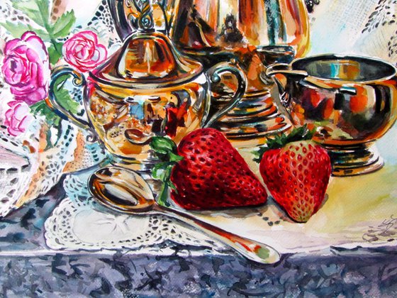 Still life with strawberries and rose