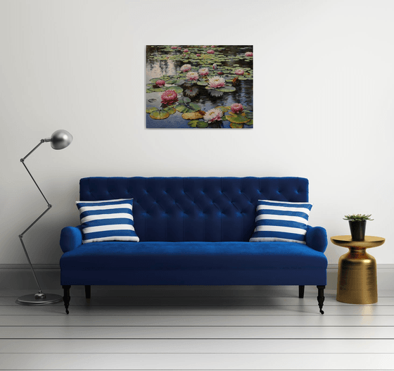 "Pink Lilies on the Pond"