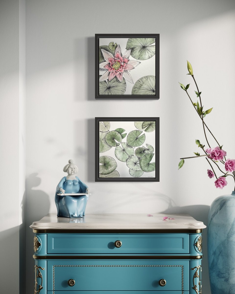 Illustrative Botanical Ink Drawing By Julia Gorislavska, 8 X 8", Water Lily (Diptych), Original Artwork