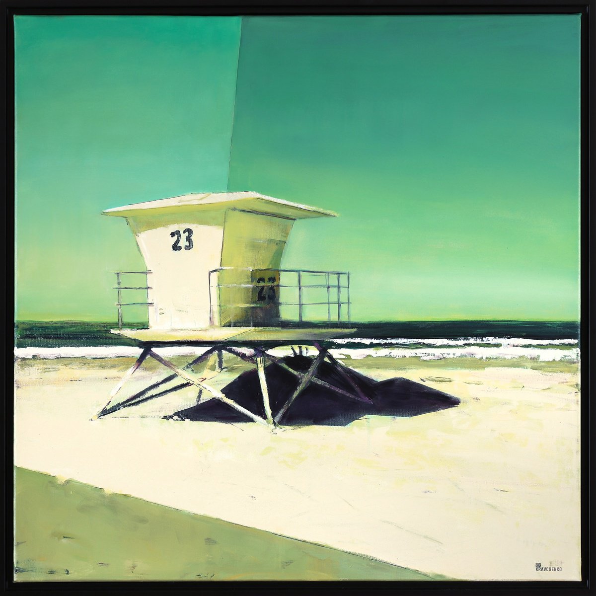 Impressionistic Landscape Oil Painting By Bo Kravchenko, 31 X 31, Beach Lifeguard Tower # 23, Original Artwork