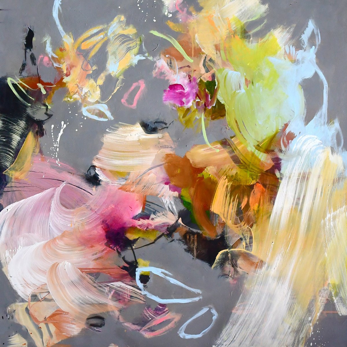 Expressive Abstract Acrylic Painting By Kirsten Handelmann, 39 X 39", Unruly Fluttering, Original Artwork