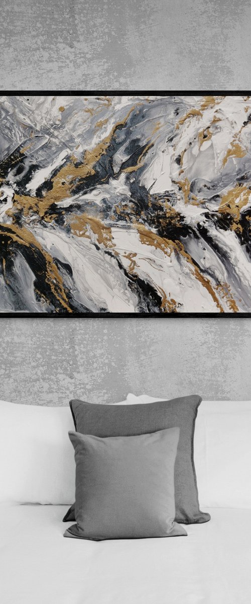 Golden Ransom 200cm x 80cm Grey White Gold Textured Abstract Art by Franko