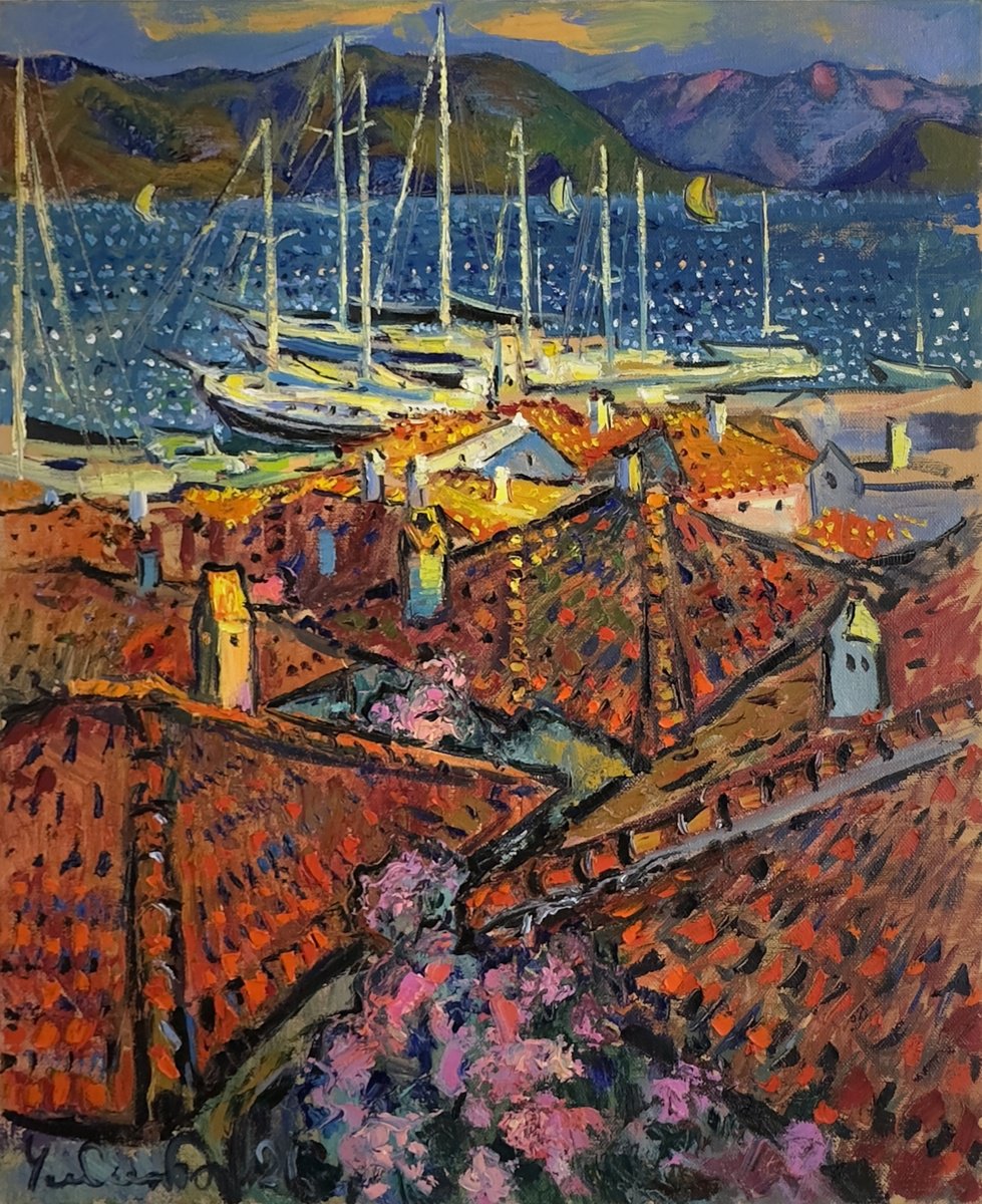 Impressionistic Landscape Oil Painting By Andrii Chebotaru, 31 X 39, Rooftops Of Marmaris, Original Artwork
