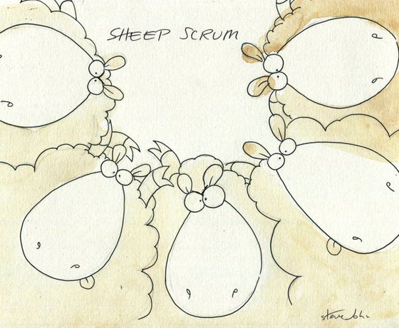 Sheep Scrum.  Original cartoon artwork