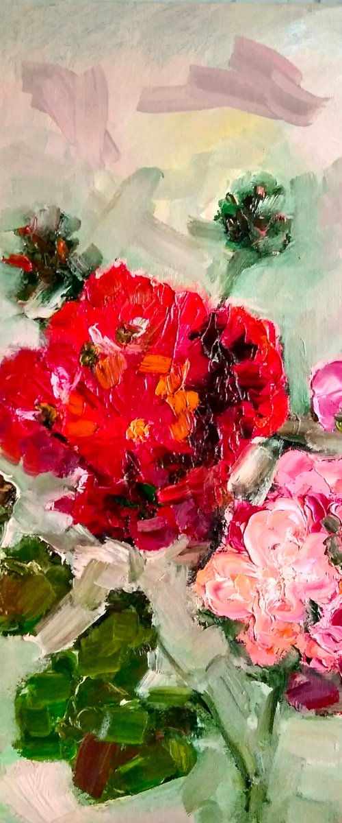 Geranium Painting Original Art Pink Floral Artwork Abstract Flower Wall Art by Yulia Berseneva